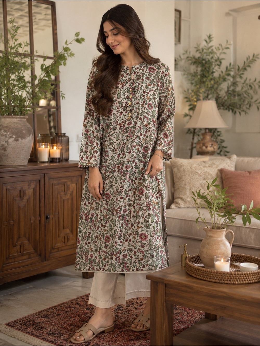 Floral Longline Tunic Top - Rose & Sage